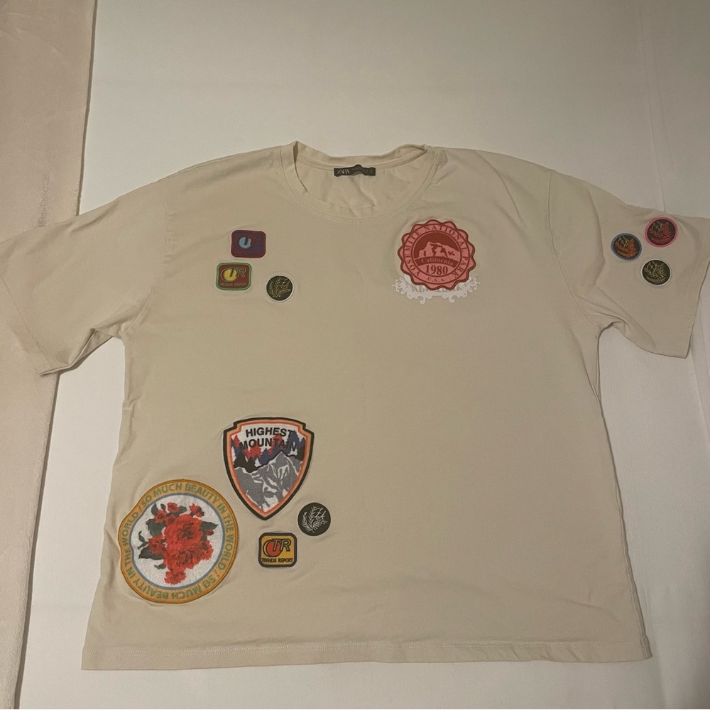 Zara Patchwork Cream T-Shirt. Size M. Never Worn. Perfecr Condition